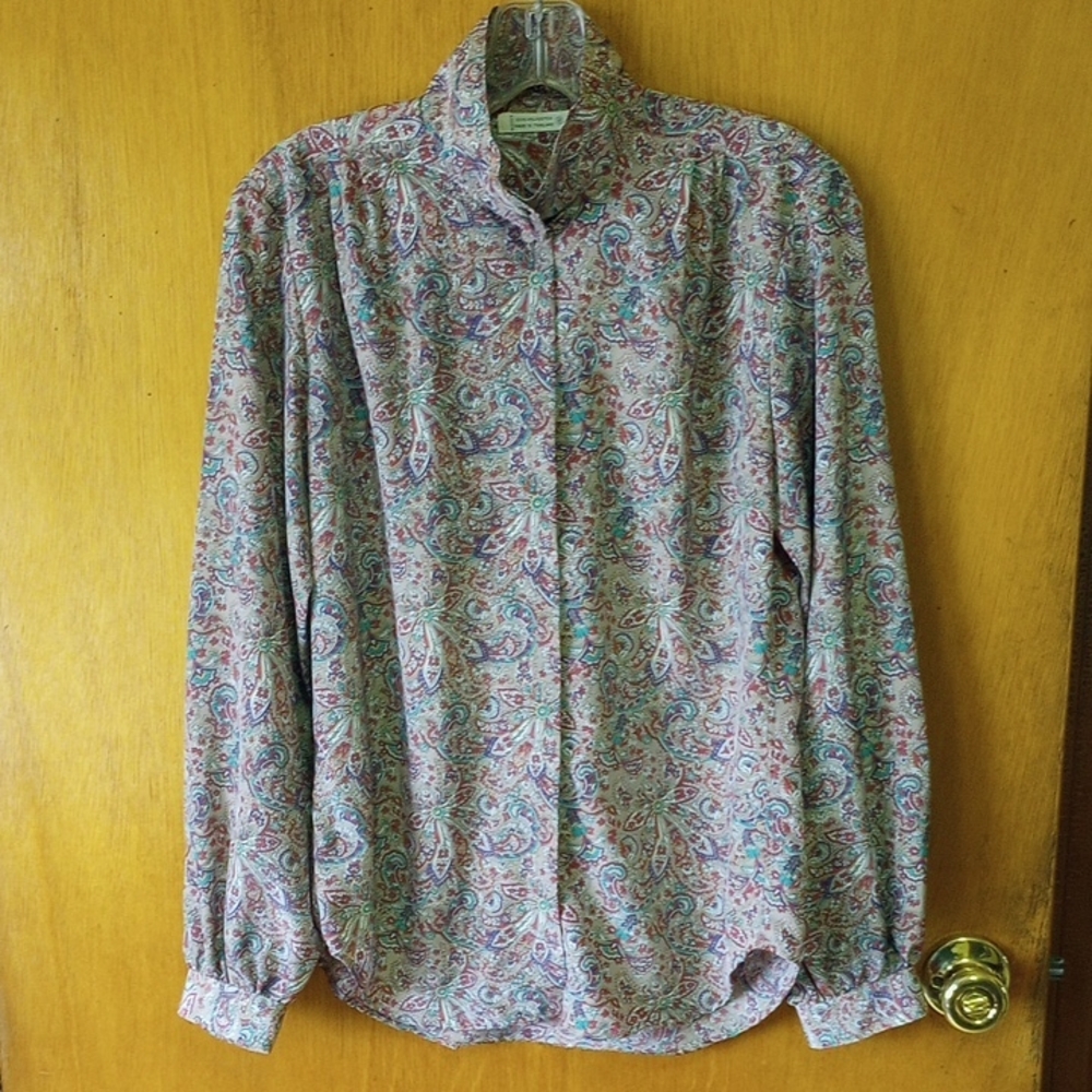 Size 8, Paisley Polyester Blouse, High Neck, Long Sleeves. Tan Green Purple Pink